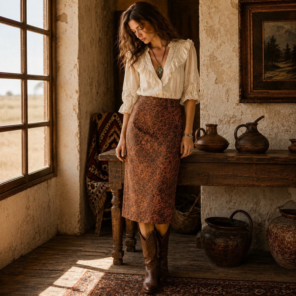 Bagutini Italy Tooled Leather Fishtail Skirt 6 Caramel Brown Western Luxe